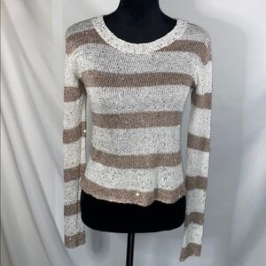 rue21 Sequined Sweater Brown White Striped Small Sparkly Metallic Knit